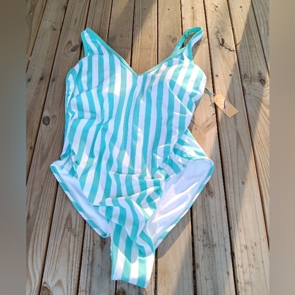 New Women's Kona Sol Aqua Teal & White Stripped Bathing Suit Plus Size 24W - Picture 1 of 3